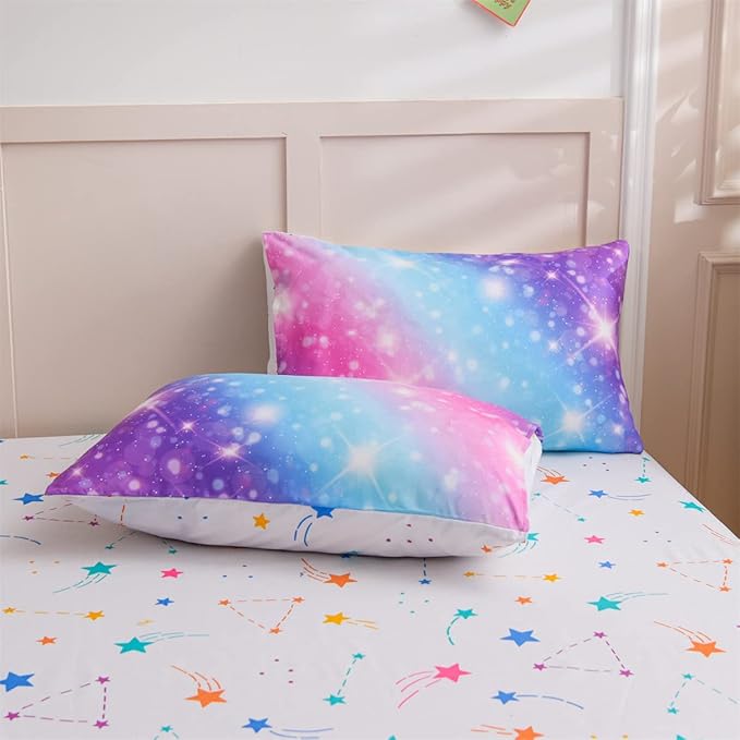 Holawakaka Kids Space Star Glitter Comforter Set Ombre Pink & Blue Print Gradient Bedding Set Twin Size (Pink Lavender, Twin) - LeafyLoom