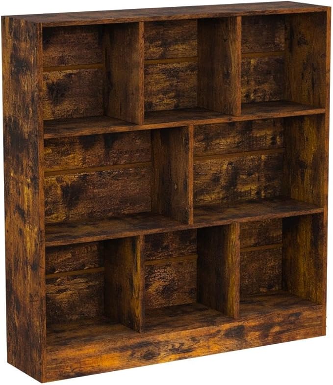 LEYAOYAO 8 Cube Bookshelf with Base,3 Tier Mid-Century Modern Brown Bookcase,Standing Wide Bookshelves Storage Organizer Shelf,Rustic Wood Display Cabinet Book Shelves for Bedroom,Living Room,Office - LeafyLoom