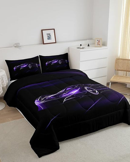 Feelyou Dull Purple Race Car Bedding Set Queen Size for Kids Boys Extreme Sport Games Comforter Set Teens Toddler Fast and Furious Duvet Set Cool Modern Quilt Set 3Pcs - LeafyLoom