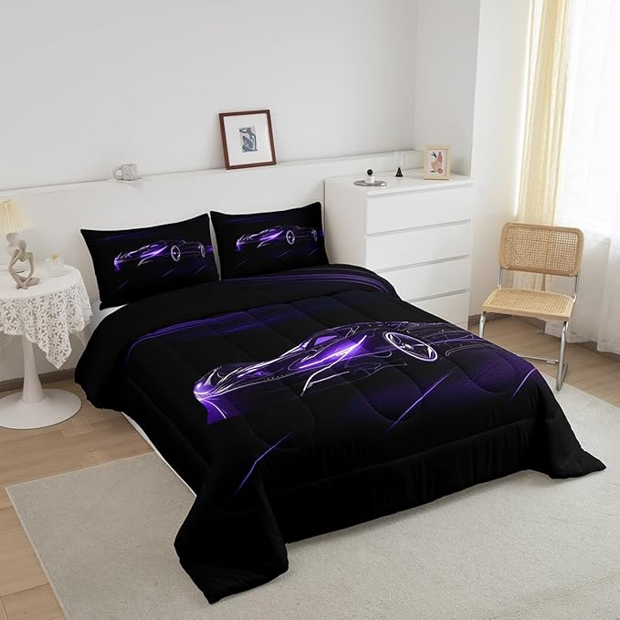 Feelyou Dull Purple Race Car Bedding Set Queen Size for Kids Boys Extreme Sport Games Comforter Set Teens Toddler Fast and Furious Duvet Set Cool Modern Quilt Set 3Pcs - LeafyLoom