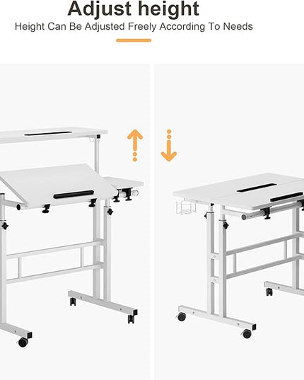 SDHYL 31.5 inches Movable Laptop Desk with Mouse Board Adjustable Height and Angle Anti-Slip Workstation Home Office Desk with Tablet Slot Portable Student Desk, White with Hook - LeafyLoom