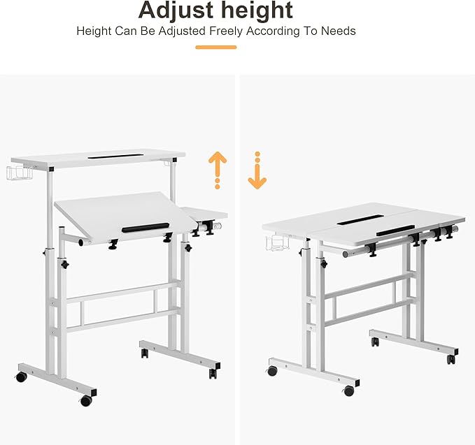 SDHYL 31.5 inches Movable Laptop Desk with Mouse Board Adjustable Height and Angle Anti-Slip Workstation Home Office Desk with Tablet Slot Portable Student Desk, White with Hook - LeafyLoom