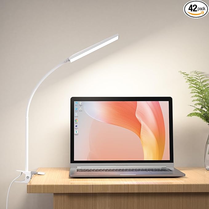 RAOYI LED Desk Lamp, 5W USB Clip on Light Eye-Caring Reading Clamp Table Lamp with 48 LEDs Flexible Gooseneck, 3 Color Modes and 14 Brightness Levels for Office Bedroom Study (White) - LeafyLoom
