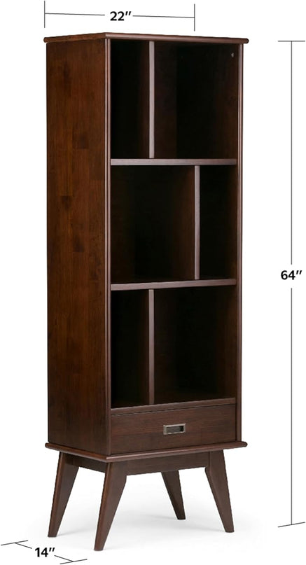 SIMPLIHOME Draper SOLID HARDWOOD 22 Inch Mid Century Modern Bookcase and Storage Unit in Medium Auburn Brown, For the Living Room, Study Room and Office - LeafyLoom
