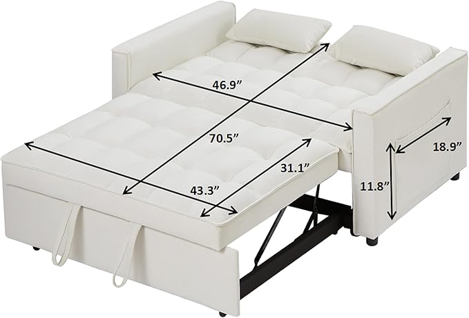 3 in 1 Convertible Loveseat Sleeper Sofa Bed,Modern Velvet Tufted Upholstered Love Seats Sofabed W/Pull Out Sleep Couch and 2 Pillows for Living Room, 55.21", Beige-1123 - LeafyLoom