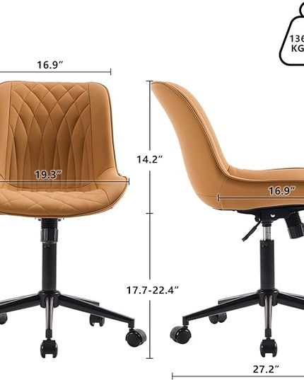 YOUNIKE Armless Office Chair with Wheels Tan Desk Chair Swivel Rolling Computer Task Chair with Back Upholstered Faux Leather Rocking Gaming Chair Height Adjustable Modern Ergonomic Wide Seat - LeafyLoom