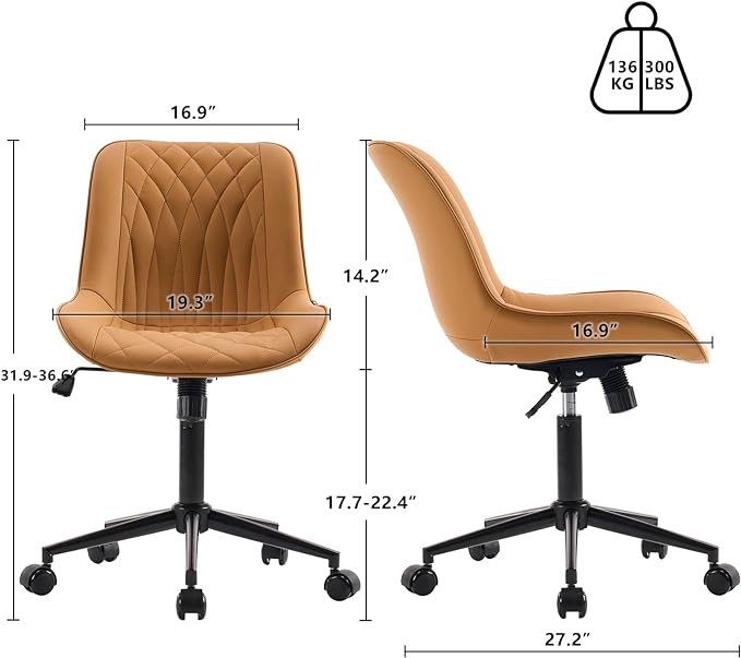 YOUNIKE Armless Office Chair with Wheels Tan Desk Chair Swivel Rolling Computer Task Chair with Back Upholstered Faux Leather Rocking Gaming Chair Height Adjustable Modern Ergonomic Wide Seat - LeafyLoom
