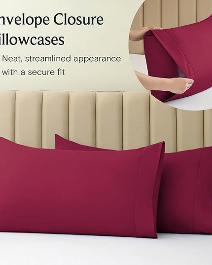 LuxClub 7 PC Split King Sheet Set, Breathable Luxury Bed Sheets, Deep Pockets 18" Eco Friendly Wrinkle Free Cooling Sheets Machine Washable Hotel Bedding Silky Soft - Burgundy Split King - LeafyLoom