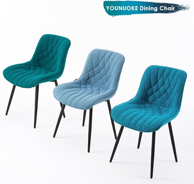 YOUNUOKE Comfortable Dining Chairs Set of 2, Mid-Century Modern Kitchen Dining Room Chairs, Upholstered Backrest Boucle Dining Chair with Black Metal, Sky Blue - LeafyLoom