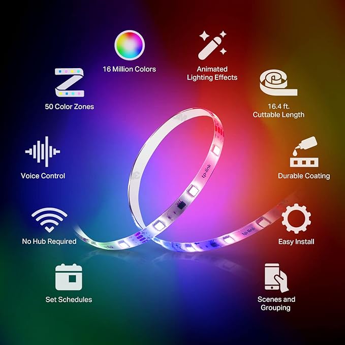 Kasa Smart LED Light Strip, 50 Color Zones RGBIC, 16.4ft Wi-Fi LED Strip Works w/ Alexa, Google Home & SmartThings, High Brightness, 16M Colors, PU Coating, Trimmable, 2 Yr Warranty (KL420L5) KasaSmartbyTP-Link