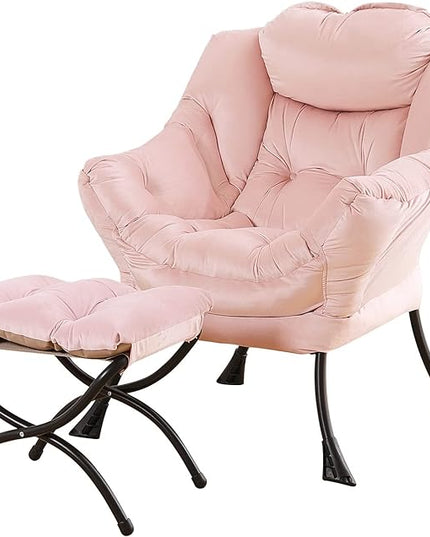 Lazy Chair and Ottoman, Large Accent Lounge Chair with Armrests and a Side Pocket, Modern Leisure Upholstered Sofa Reading Armchair with Footrest for Bedroom, Living Room, Dorm Rooms, Office - LeafyLoom