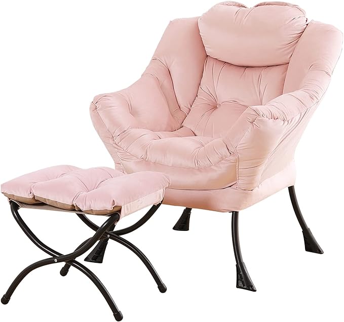 Lazy Chair and Ottoman, Large Accent Lounge Chair with Armrests and a Side Pocket, Modern Leisure Upholstered Sofa Reading Armchair with Footrest for Bedroom, Living Room, Dorm Rooms, Office - LeafyLoom