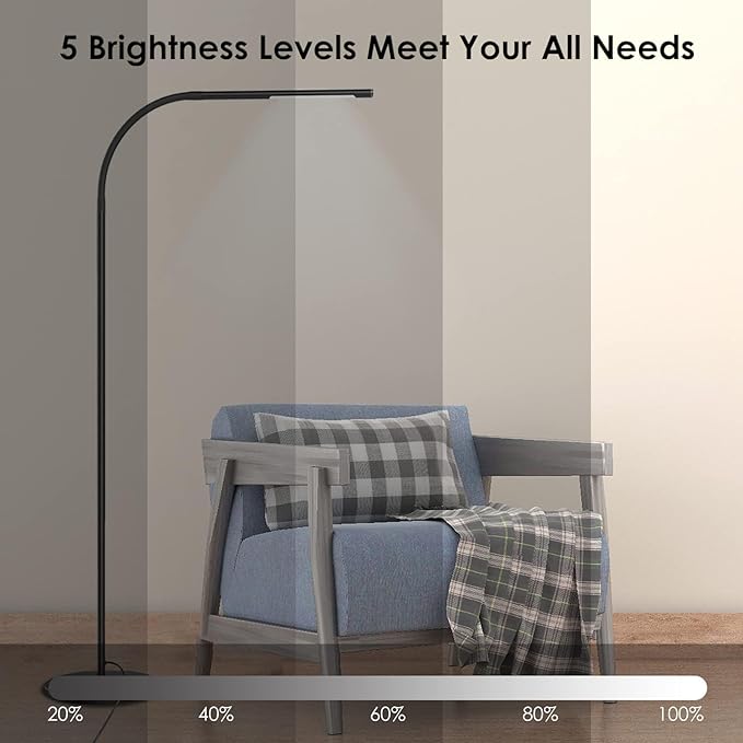 LED Modern Floor Lamps, Flexible Gooseneck Standing Reading Light W/Stable Base, 4 Color & 5 Brightness Dimmer, Touch & Remote Control, for Living Room, Chair, Couch, Office Task (Black) - LeafyLoom