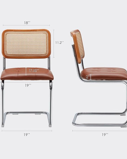 Farini Kitchen Dining Chairs Set of 2,Mid-Century Modern Chair Armless Mesh Backrest Cane Rattan Chairs for Home Dining Room(Brown,PU Leather) - LeafyLoom