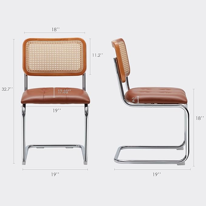 Farini Kitchen Dining Chairs Set of 2,Mid-Century Modern Chair Armless Mesh Backrest Cane Rattan Chairs for Home Dining Room(Brown,PU Leather) - LeafyLoom