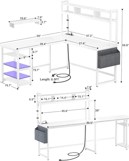 Aheaplus L Shaped Desk with Power Outlet & LED Strip, Reversible L-Shaped Corner Computer Desks Gaming Desk with Storage Shelf & Monitor Stand, Modern 2 Person Home Office Desk, Writing Desk, White - LeafyLoom