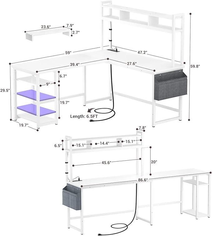 Aheaplus L Shaped Desk with Power Outlet & LED Strip, Reversible L-Shaped Corner Computer Desks Gaming Desk with Storage Shelf & Monitor Stand, Modern 2 Person Home Office Desk, Writing Desk, White - LeafyLoom