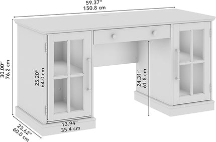 Bush Furniture Westbrook 60W Computer Desk with Storage and Keyboard Tray in White Ash | Farmhouse Desk for Home Office Workspace - LeafyLoom