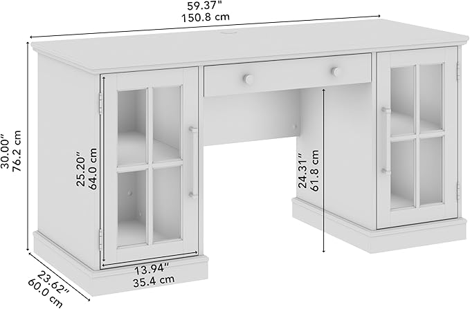 Bush Furniture Westbrook 60W Computer Desk with Storage and Keyboard Tray in White Ash | Farmhouse Desk for Home Office Workspace - LeafyLoom