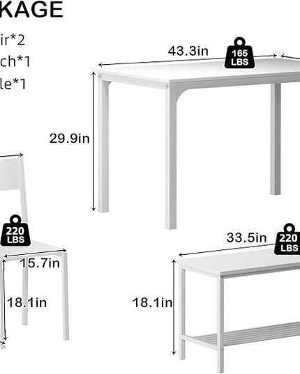 SogesHome 43.3'' Kitchen Dining Table Set for 4, 4 Piece Kitchen Table Bench Chairs Setfor 4, Space-Saving Table Set for Restaurant, Coffee Shop,White - LeafyLoom