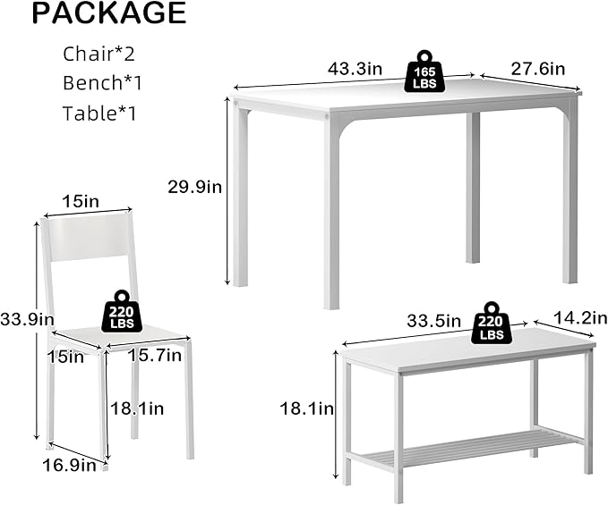 SogesHome 43.3'' Kitchen Dining Table Set for 4, 4 Piece Kitchen Table Bench Chairs Setfor 4, Space-Saving Table Set for Restaurant, Coffee Shop,White - LeafyLoom