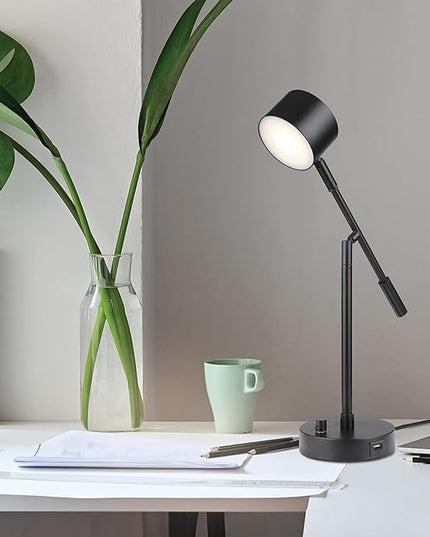 Globe Electric 52271 Aristocrat 16" Integrated LED Swing Arm Desk Lamp, Matte Black, Dimmable On/Off Rotary Switch at Base, 2.1A USB Port - LeafyLoom