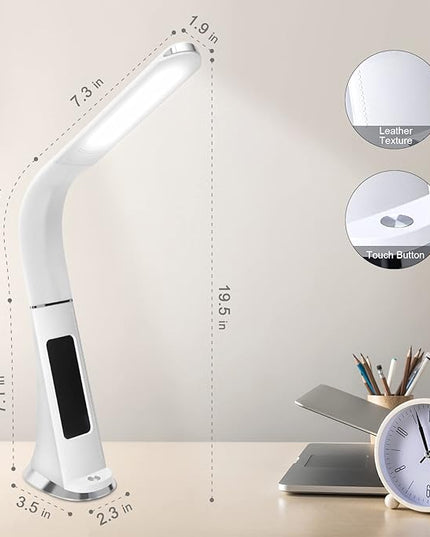 LED Desk Lamp with Digital Display Calendar Temperature,Rechargeable Desk Lamp for Home Office with Adjustable Neck,Dimmable Reading Light with Touch Control,Cordless Study Lamp with USB Charging Port - LeafyLoom