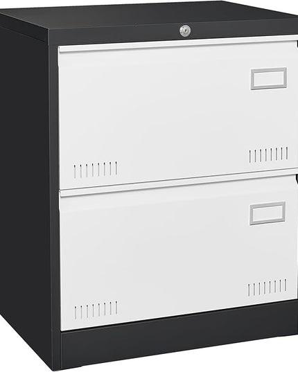 2 Drawer Metal Lateral Lock and Card Holder,Office Vertical Files Storage Cabinets w/Heavy 3 Section Slide Rail & Breathable Holes,for Legal/Letter/A4,Black+White - LeafyLoom