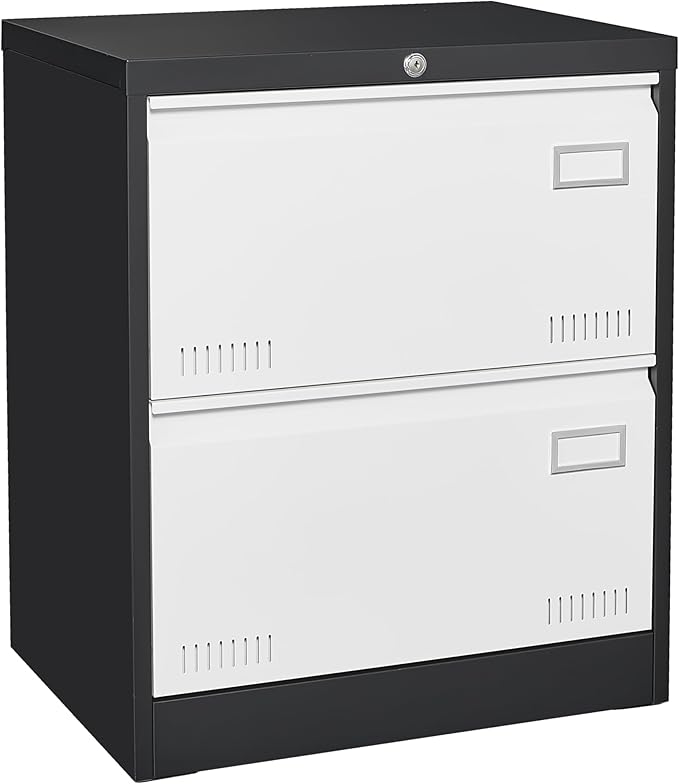 2 Drawer Metal Lateral Lock and Card Holder,Office Vertical Files Storage Cabinets w/Heavy 3 Section Slide Rail & Breathable Holes,for Legal/Letter/A4,Black+White - LeafyLoom