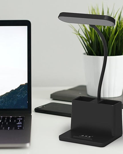 AXX LED Desk Lamp for Home Office, Battery Operated Desk Light for Computer/Desktop - Black, Small, Cute, 3 Way, Rechargeable, Flexible Gooseneck, Pen Holder - Study Table Lamp for Bedroom Reading - LeafyLoom