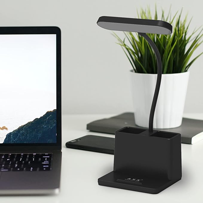AXX LED Desk Lamp for Home Office, Battery Operated Desk Light for Computer/Desktop - Black, Small, Cute, 3 Way, Rechargeable, Flexible Gooseneck, Pen Holder - Study Table Lamp for Bedroom Reading - LeafyLoom