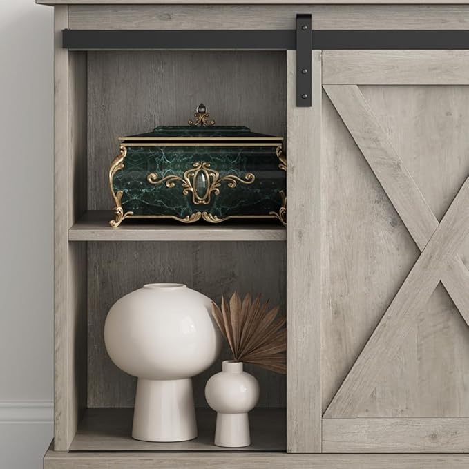 Entertainment Center for 65 Inch TV, Farmhouse TV Stand Media Console Table, Tall TV Stand with Sliding Barn Doors, Storage and Shelves, Wood TV Console Cabinet Furniture for Living Room, Grey - LeafyLoom