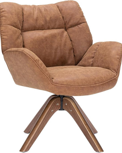 Faux Leather Accent Chair, Modern Cozy Vanity Chair with Wood Legs, Upholstered Single PU Leather Boucle Armchair for Living Room Bedroom Office Guest Room (Brown) - LeafyLoom