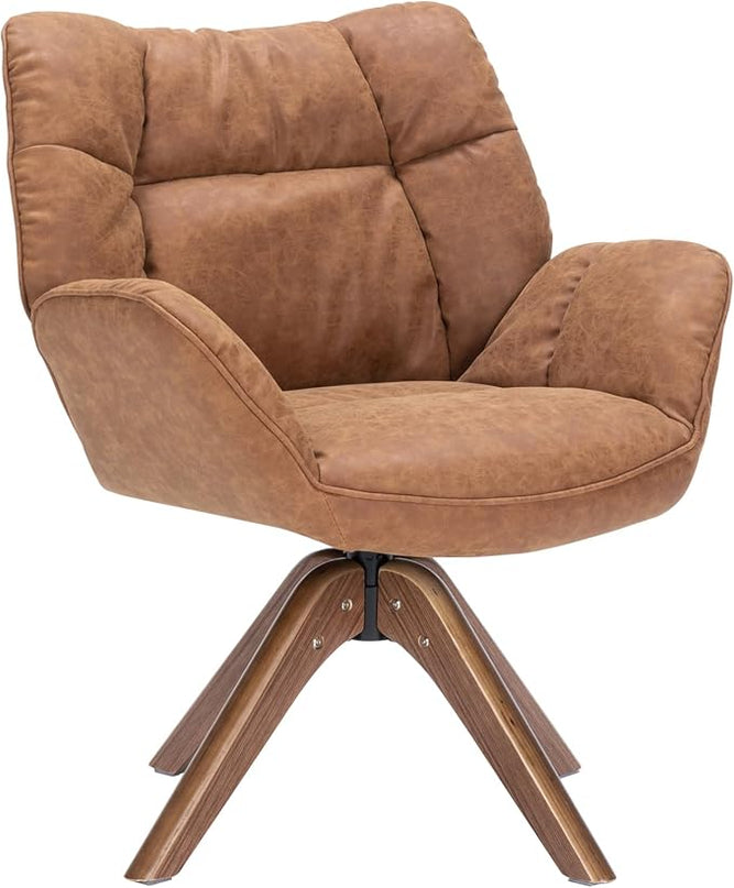 Faux Leather Accent Chair, Modern Cozy Vanity Chair with Wood Legs, Upholstered Single PU Leather Boucle Armchair for Living Room Bedroom Office Guest Room (Brown) - LeafyLoom