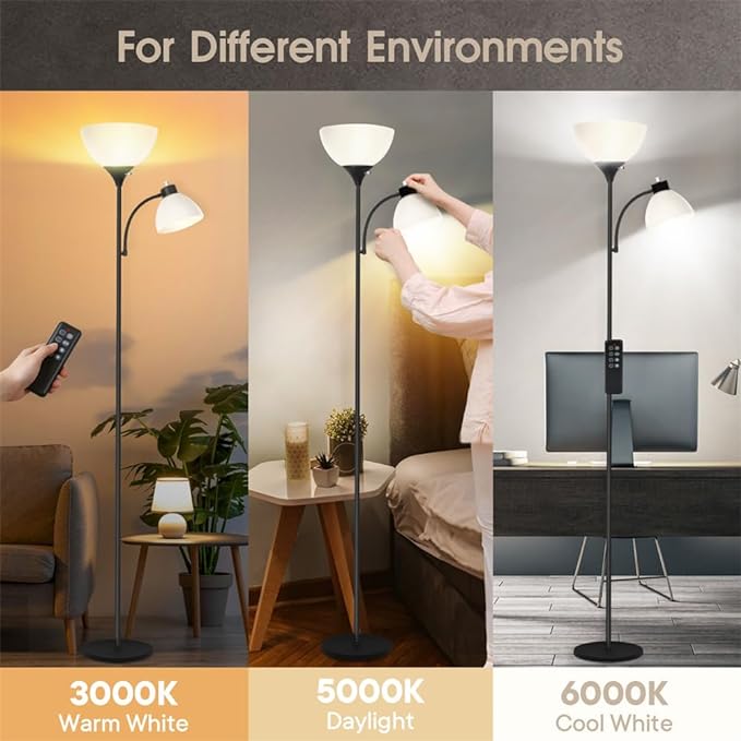Led Floor Lamp, Super Bright 11W+7W 2100LM Torchiere Floor Lamps for Living Room, Stepless Adjustable 3000K-6000K Temperatures with Remote Control for Bedroom - LeafyLoom