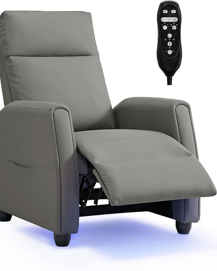 Recliner Chair for Adults PU Leather Push Back Armchair with 4 Colors Ambient Lighting Home Theater Seating with Massage & Heat Vibration Single Sofa for Living Room, Gray - LeafyLoom