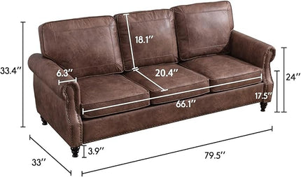 Dreamsir 79'' Traditional Faux Leather Sofa, 3 Seater Leather Couch with Nailhead Trim and Rolled Arms, Classic Couches for Living Room, Apartment, Bedroom, Easy to Install（Dark Brown） - LeafyLoom