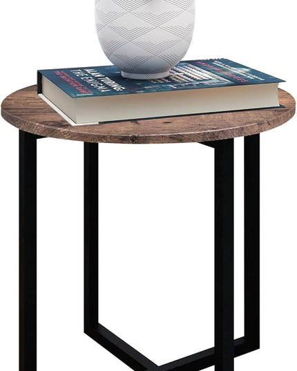 Round Coffee Table Rustic End Table Family Accent Table for Small Space in Living Room, Bedroom Stable Metal Frame, Rustic Brown - LeafyLoom