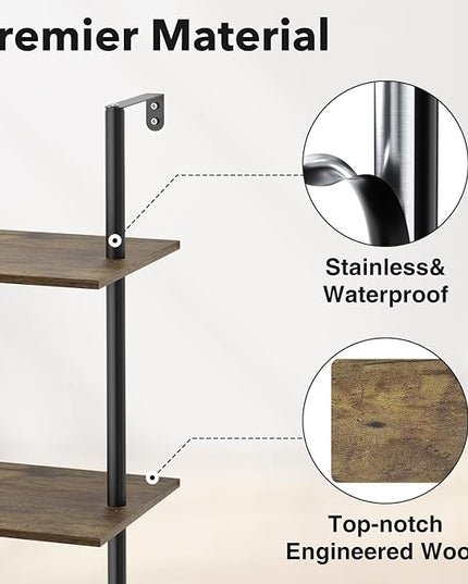 5 Tier Ladder Shelf Bookcase, Extra Sturdy Modern Bookshelf Wall Mounted, Tall Black Open Book Shelf, Standing Industrial Metal Frame with Wooden Shelves, 67“ (H) × 17(W) - LeafyLoom