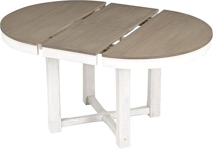 5-Piece Wooden Extendable Round to Oval Dining Table Set with 4 Armrest Upholstered Chairs for Kitchen, Breakfast Nook, Living Room, Brown+White, 42"-57.7" L x 42" W x 30" H - LeafyLoom