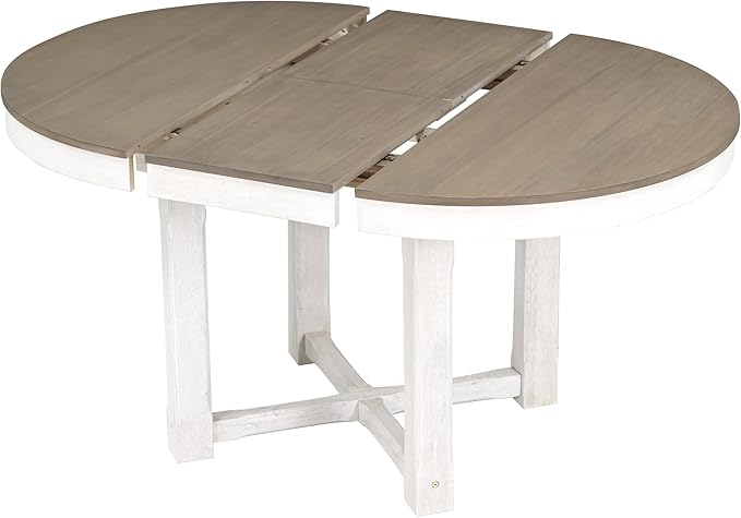 5-Piece Wooden Extendable Round to Oval Dining Table Set with 4 Armrest Upholstered Chairs for Kitchen, Breakfast Nook, Living Room, Brown+White, 42"-57.7" L x 42" W x 30" H - LeafyLoom