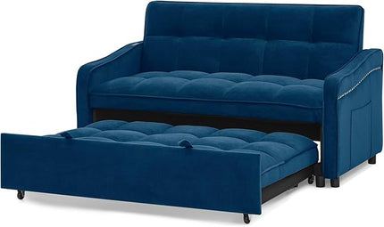 Functional Love Seat Sofabed W/TypeC & USB Port and Copper Nail Decor, Modern Loveseat Sofa Convertible Pull Out Sleeper Couch Bed for Apartment Office Living Room, 53.", Blue-1413 - LeafyLoom
