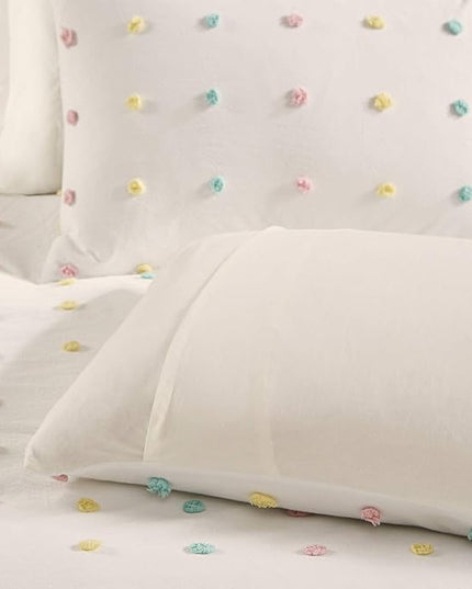 Callie Cotton Jacquard Weave Colorful Pom Pom Kids Comforter sets, Down Alternative Shabby Chic All Season Girls Bedding, Bedroom Decor, Full/Queen, Multi 5 Piece - LeafyLoom