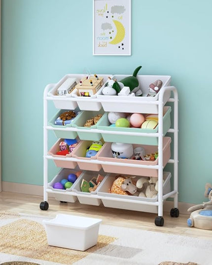 Kids Toy Storage Organizer with 12 Plastic Bins, 4-Tier Metal Toy Storage Rack, Metal Toy Organizer with Storage Bins for Kids Room, Playroom and Nursery, Multi-Color - LeafyLoom