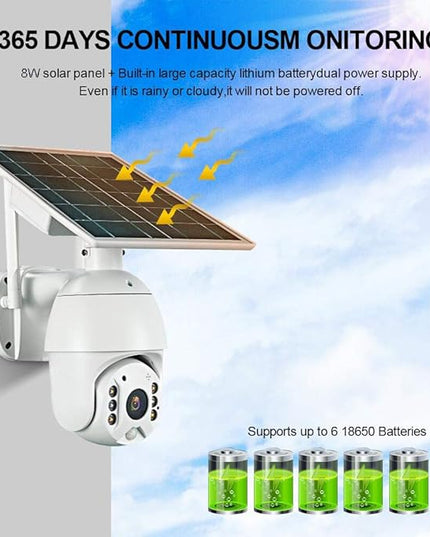 100% Wire-Free Wireless Rechargeable Battery Solar Powered Outdoor 1080P Pan Tilt WiFi Security Camera PIR Motion Recording Two-Way Audio IP65 Weatherproof Night Vision Built-in SD Slot Alptop
