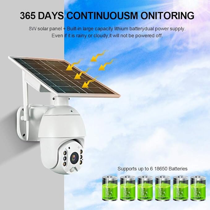 100% Wire-Free Wireless Rechargeable Battery Solar Powered Outdoor 1080P Pan Tilt WiFi Security Camera PIR Motion Recording Two-Way Audio IP65 Weatherproof Night Vision Built-in SD Slot Alptop
