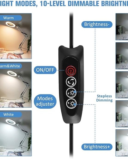 2-in-1 Magnifying Glass with Light and Stand, 5X Real Glass Lens 3 Color Modes Stepless Dimmable, Adjustable LED Lighted Magnifier Desk Lamp with Clamp for Reading, Crafts, Close Works - White - LeafyLoom