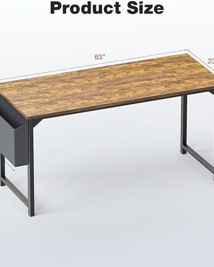 JHK Computer Desk Office 63 Inch Writing Work Kids Study Simple Wooden Table for Home Bedroom Modern Style with Headphone Hooks & Storage Bag, Rustic Brown - LeafyLoom