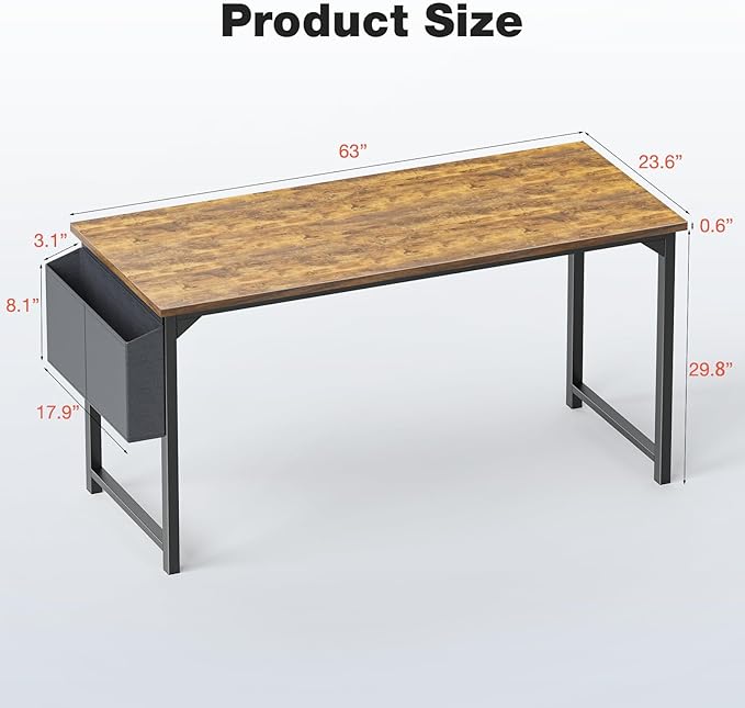 JHK Computer Desk Office 63 Inch Writing Work Kids Study Simple Wooden Table for Home Bedroom Modern Style with Headphone Hooks & Storage Bag, Rustic Brown - LeafyLoom