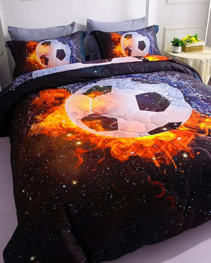 Wajade Football Soccer Comforter Set Bed in A Bag Twin Size 3D Galaxy Soccer Ball Sports Bedding Set for Boys Kids (1 Comforter, 1 Flat Sheet, 1 Fitted Sheet, 2 Pillowcase and 2 Pillow Sham) - LeafyLoom